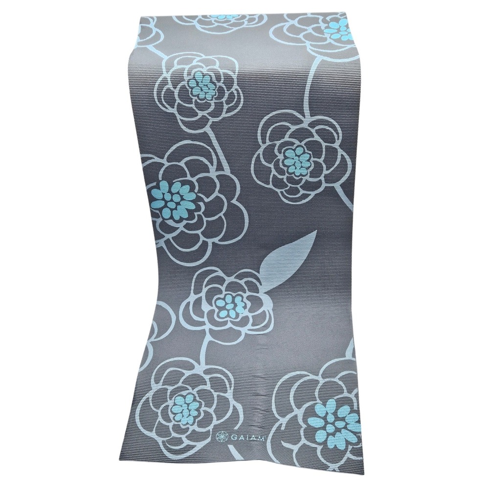 Gaiam Yoga Mat 6mm Grey Light Blue Floral Premium Print Exericise Mat   68x24
